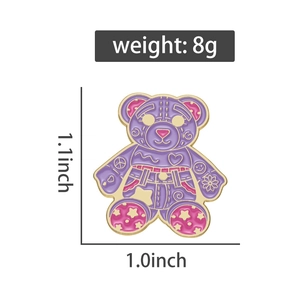Detail view of purple bear enamel pin showing size 1.1x1.0 inches and 8g weight