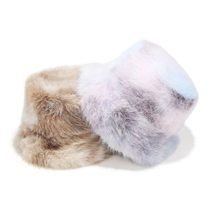 Close-up of brown and macaron gradient tie-dye plush faux mink fur winter bucket hats