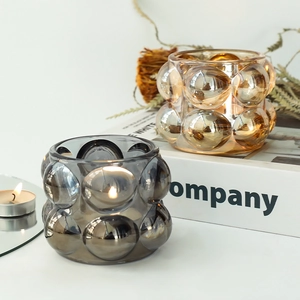 Kerzenhalter aus Glas mit Blasentextur in Bernstein und Rauchgrau für Deko