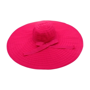 Rose red wide brim sun hat with ruffled texture and large bow for summer vacations