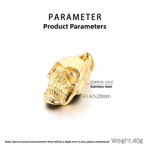 Close-up of golden stainless steel skull pendant showing dimensions and high polish finish
