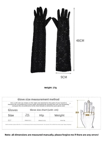 Detailed size chart showing 48cm length and 9cm palm width for long lace gloves