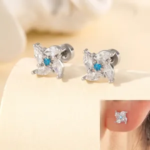 Windmill Flower Zircon Stud Earrings Titanium Steel Screw Back Cartilage Piercing Jewelry For Women Girls