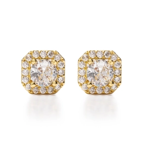 Eleganti orecchini a perno quadrati in oro con cristallo centrale e pavé di zirconi