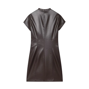 Dark brown PU leather mini dress with short sleeves and round neck, back view flat lay