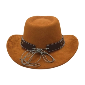 Close-up of caramel suede cowboy hat featuring leather band with metallic rivets