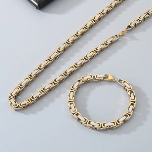 Two-tone Byzantine 304 stainless steel necklace and bracelet set on grey surface