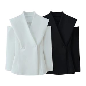 Slim fit off-shoulder double-breasted blazer for women in black and white styles