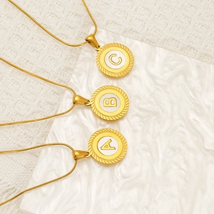Initial Necklace Round Coin Pendant Mother Of Artificial Pearl Shell 18K Gold Plated Titanium Steel Snake Chain For Women
