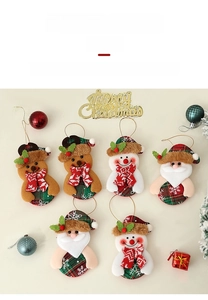 Close-up of festive Christmas tree ornaments featuring Santa, snowman and reindeer designs