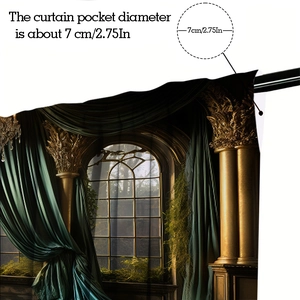 Detail of 7cm rod pocket on curtain featuring a classical European window landscape