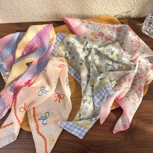 Pastel floral and striped cotton linen style square headscarf set for women hair styling