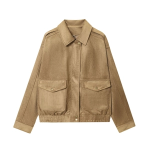 Brown faux suede utility jacket with large pockets and vintage lapel on white background