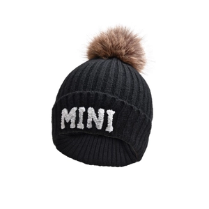 Black ribbed knit beanie with MINI embroidery and a fluffy brown faux fur pompom