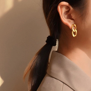 Irregular geometric 18K gold plated chain earrings worn by model for elegant style