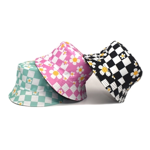 Checkerboard Daisy Print Reversible Bucket Hat Polyester Wide Brim Sun Protection Summer Outdoor Fisherman Hat For Women