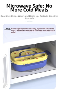 Close-up of microwave-safe cartoon bento box inside microwave for heating guidance