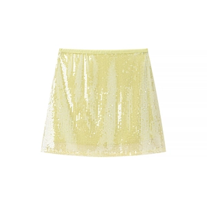 Mini-jupe pailletée jaune pâle à taille haute avec une silhouette trapèze élégante et chic