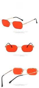 Close-up of red rectangular rimless sunglasses with gold metal frame from multiple angles