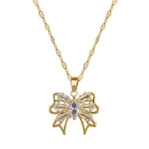 Luxurious hollow bowknot necklace in gold finish with sparkling zircon stones