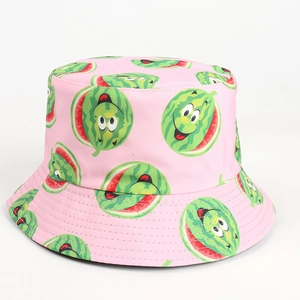 Detail of pink cotton bucket hat featuring a playful cartoon watermelon pattern print