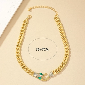 Golden snake head chunky chain necklace with green zircon stones, length 36+7cm
