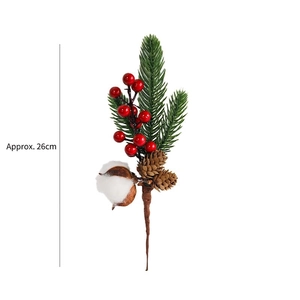 Detail of a 26cm Christmas pick with pine needles, red berries, cones, and cotton accents