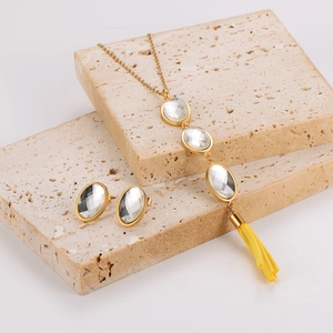 Stainless Steel Jewelry Set Gold Plated Oval Clear Glass Pendant Yellow Tassel Necklace Stud Earrings For Women Minimalist
