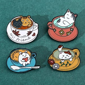 Set of four cute enamel pins featuring cats and bunnies in colorful coffee cups