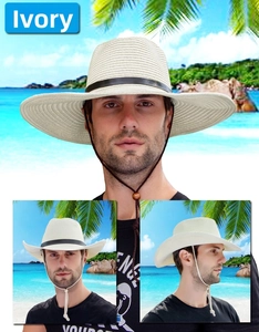 Détail d'un chapeau de paille blanc cassé pour homme avec tissage et bande décorative