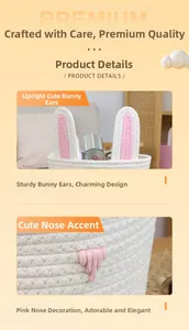 Detailed view of upright pink bunny ears and hand-woven cotton storage basket