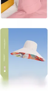 Detail of multi-color wide brim sun hats featuring vibrant floral print lining