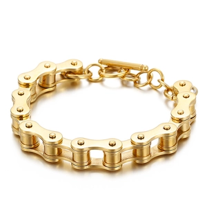 Industrial gold bike chain bracelet for men with classic toggle clasp on white background