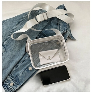 Detailed view of clear jelly bag capacity with white inner pouch and adjustable wide strap