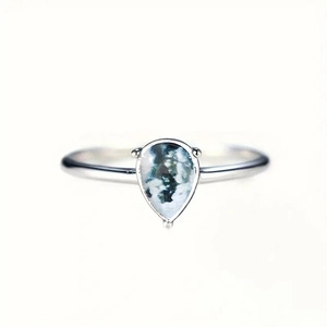 Vintage Teardrop Copper Ring With Pear Shaped Moss Agate Texture Elegant Retro Style Jewelry For Women White Gold Color