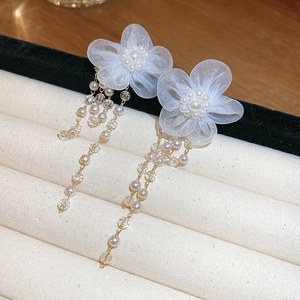 Lace Flower Dangle Earrings With Faux Artificial Pearl Crystal Beads Silver Earring Post Elegant Vacation Style For Women