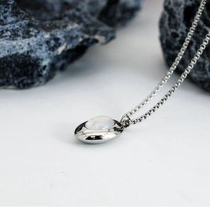 Macro detail of oval natural shell pendant on a polished silver titanium steel chain