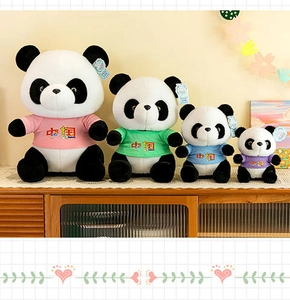 Four cute panda plushies wearing colorful China-themed t-shirts in various sizes