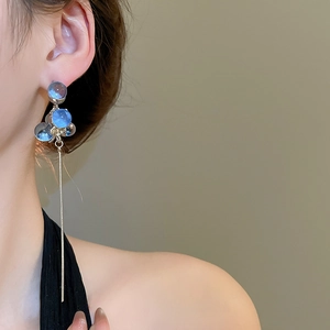 Close-up of resin sphere and silver long tassel earrings on model showing elegant detail