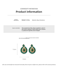 Size chart showing large emerald green teardrop earrings with dimensions 7.6cm by 5.6cm