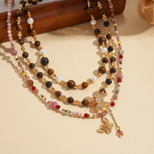 Layered 18K gold plated tiger eye stone necklace with crystal butterfly pendants
