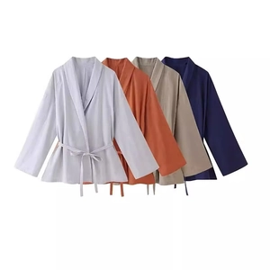 Women's V-neck tie-waist kimono wrap cardigan in purple, terracotta, beige and navy blue