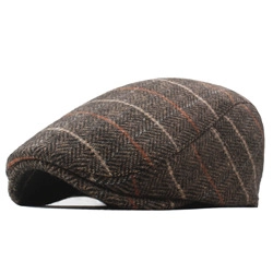 Men's wool herringbone newsboy cap with vintage brown stripes and adjustable fit
