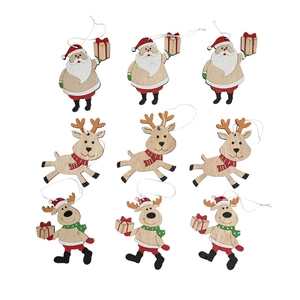 Set van 9 houten kerstornamenten met kerstman en rendier voor kerstboomdecoratie