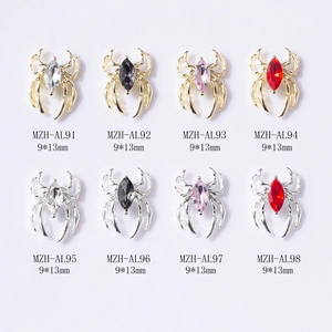 3D spider nail art charms with marquise rhinestones in gold and silver, 9x13mm size