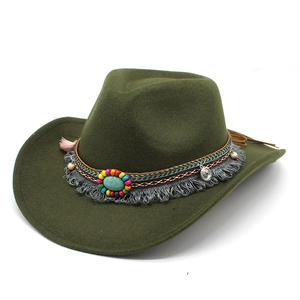 Chapeau de cowboy en laine vert foncé avec bandeau ethnique perlé et pierre turquoise