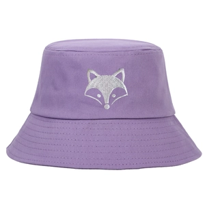 Purple cotton bucket hat featuring detailed silver fox head embroidery on white background