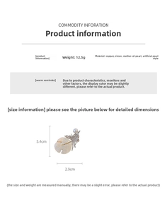 Size chart for feather brooch with zircon and pearl detailing technical specifications