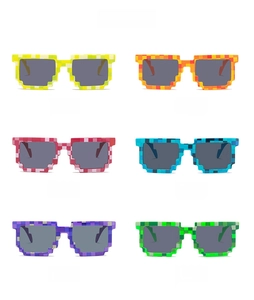 Detailed view of six colorful pixel mosaic sunglasses with checkered frame patterns