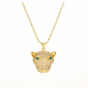 18K gold plated cheetah head pendant necklace with green eyes and sparkling crystals